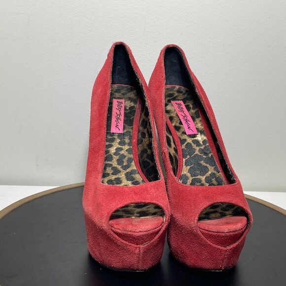 Betsey Johnson Brrea Red Suede Platform Stiletto Open Toe Pumps Women's Size 8 M - Picture 3 of 13